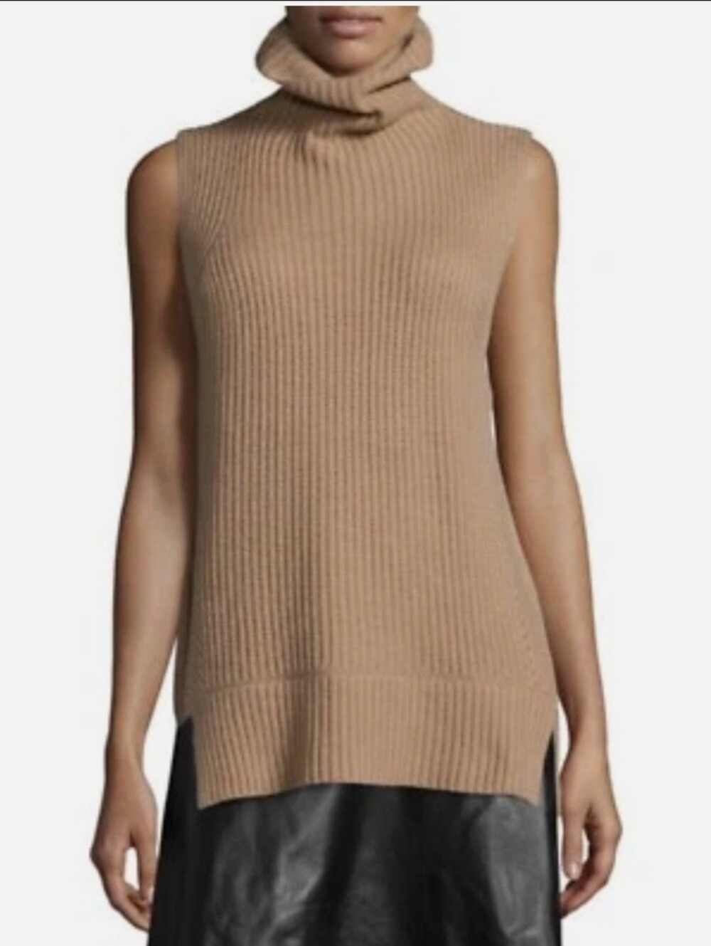 VINCE Directional Rib Sleeveless Turtleneck Knit Sweater - Camel/Tan. Medium.
